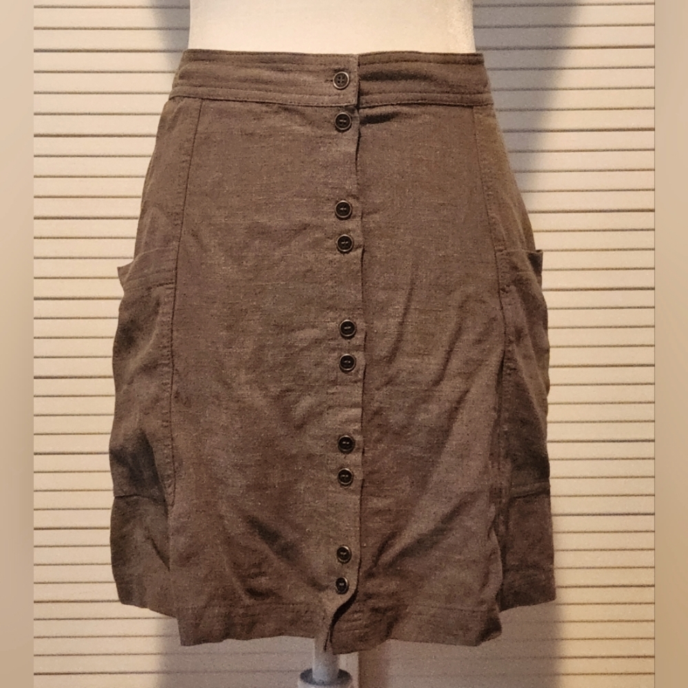 Linen Blend Olive Green Stretch Waist Skirt Button Up Pockets Universal Thread L
